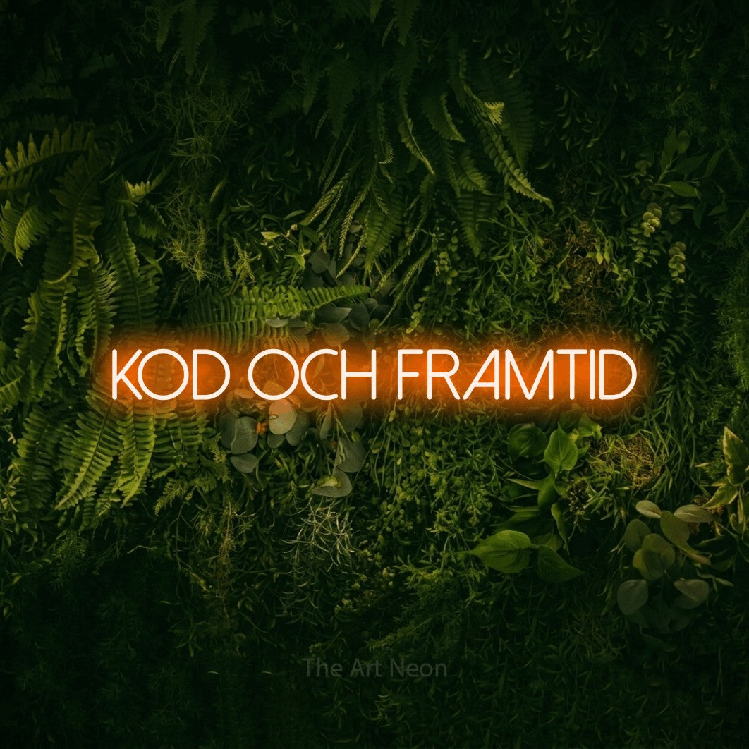 LED neon sign reading “Kod Och Framtid”, arranged in a single line.