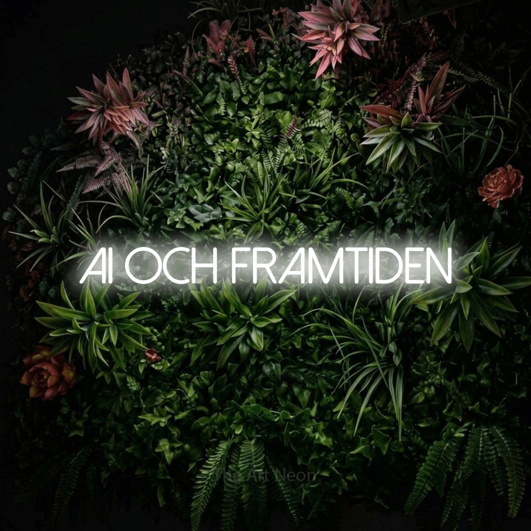 LED neon sign reading “AI och framtiden”, arranged in a single line.