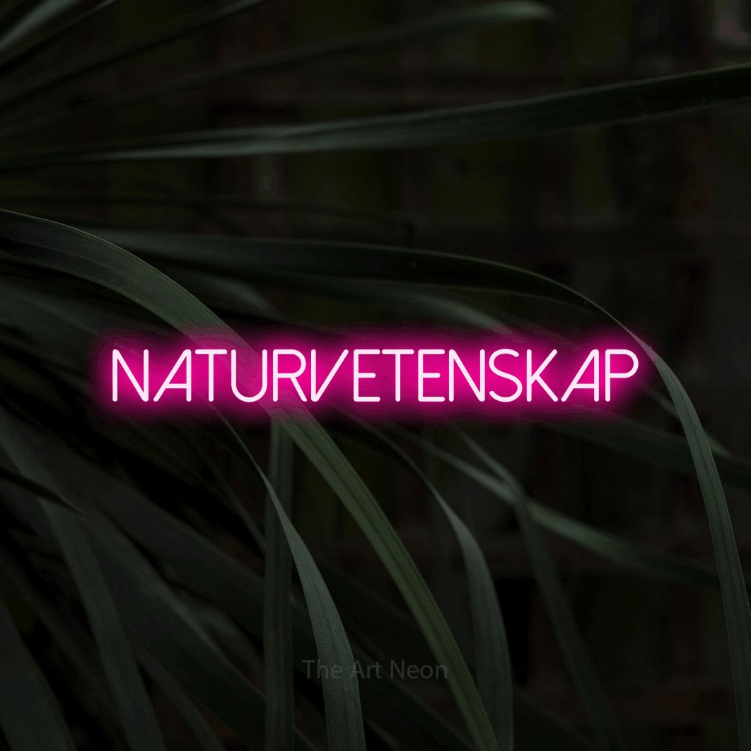 LED neon sign reading “naturvetenskap”, arranged in a single line.