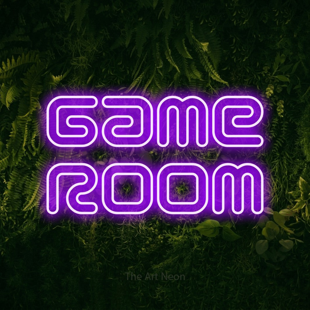 LED neon sign reading “Game Room”, arranged in 2 lines.