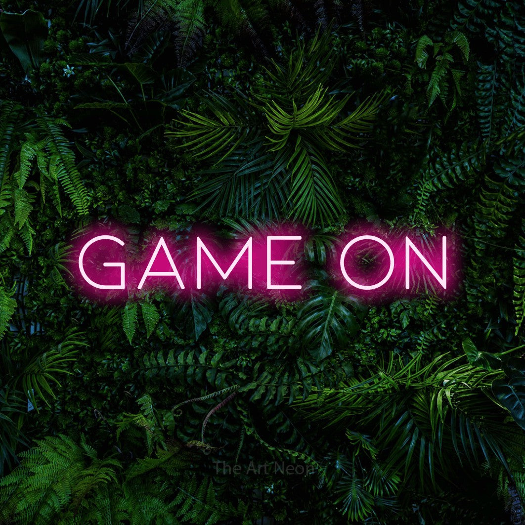 LED neon sign reading “Game On”, arranged in a single line.