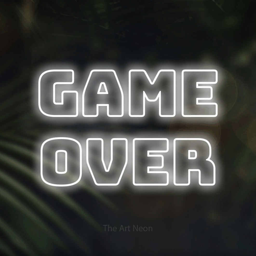 LED neon sign reading “Game Over”, arranged in 2 lines.