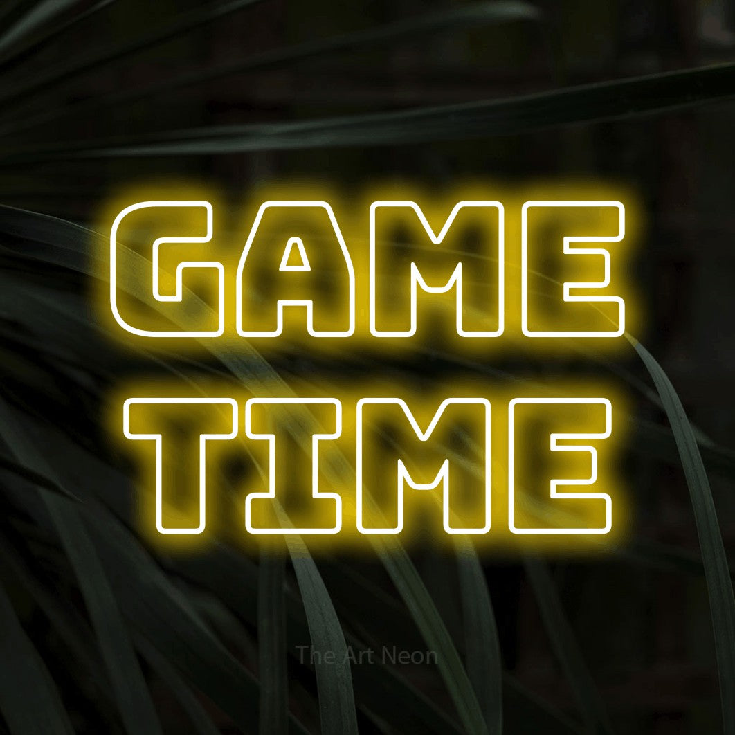 LED neon sign reading “Game Time”, arranged in 2 lines.