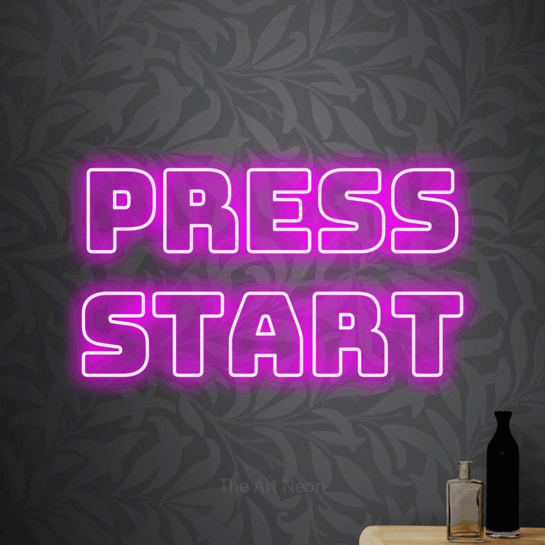 LED neon sign reading “PRESS START”, arranged in 2 lines.