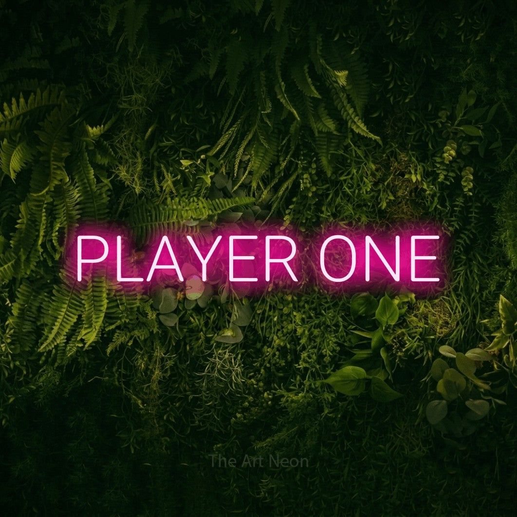 LED neon sign reading “PLAYER ONE”, arranged in a single line.