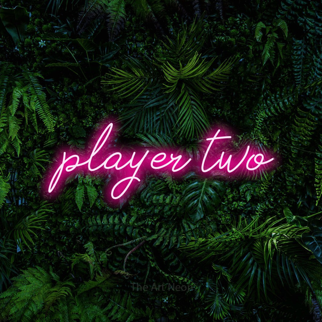 LED neon sign reading “player two”, arranged in a single line.