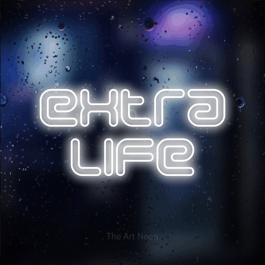 LED neon sign reading “extra life”, arranged in 2 lines.