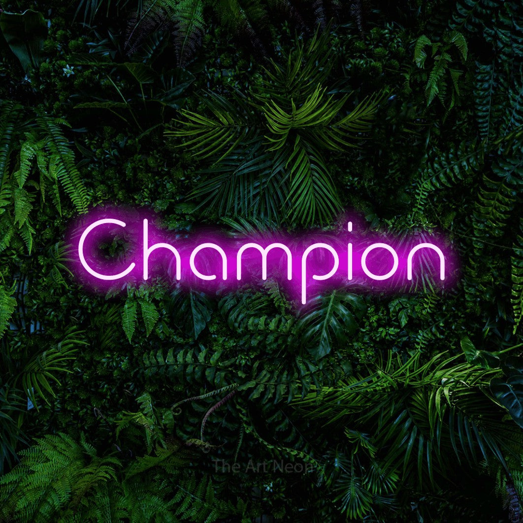 LED neon sign reading “Champion”, arranged in a single line.