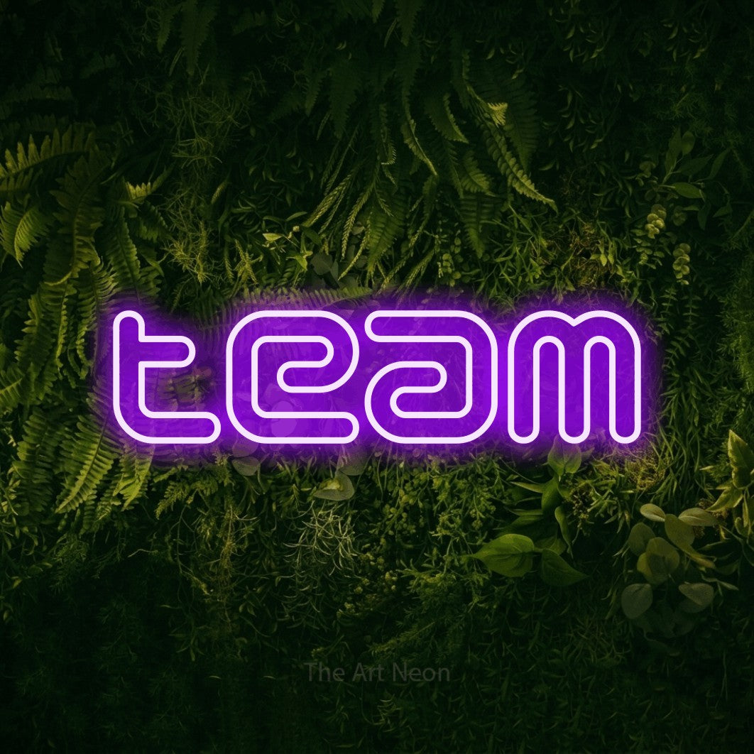 LED neon sign reading “team”, arranged in a single line.