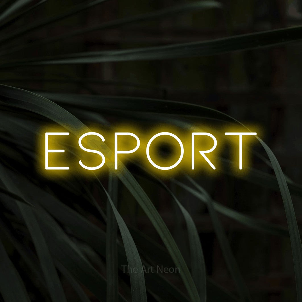 LED neon sign reading “esport”, arranged in a single line.