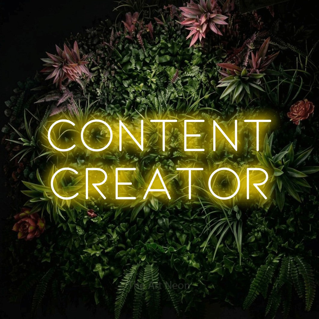 LED neon sign reading “CONTENT creator”, arranged in 2 lines.