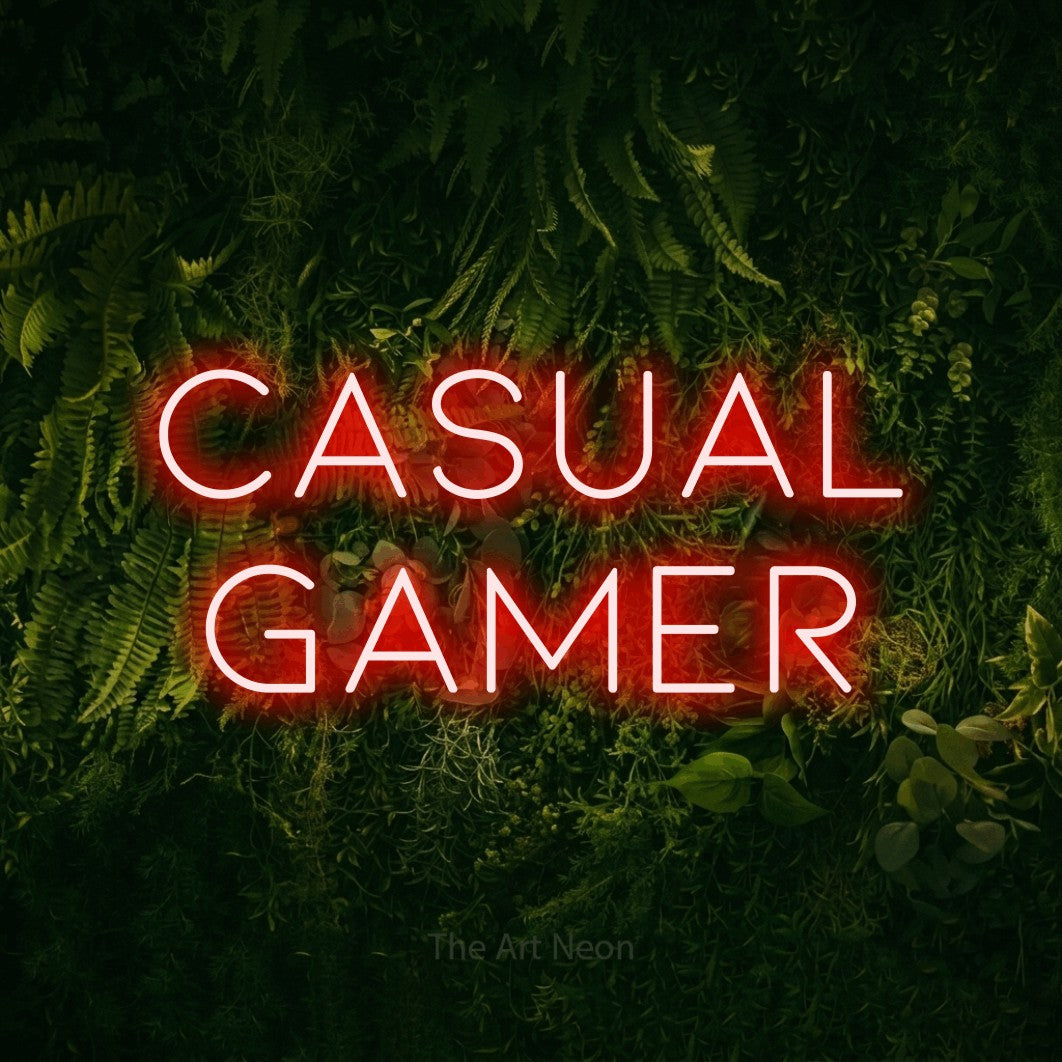LED neon sign reading “casual gamer”, arranged in 2 lines.