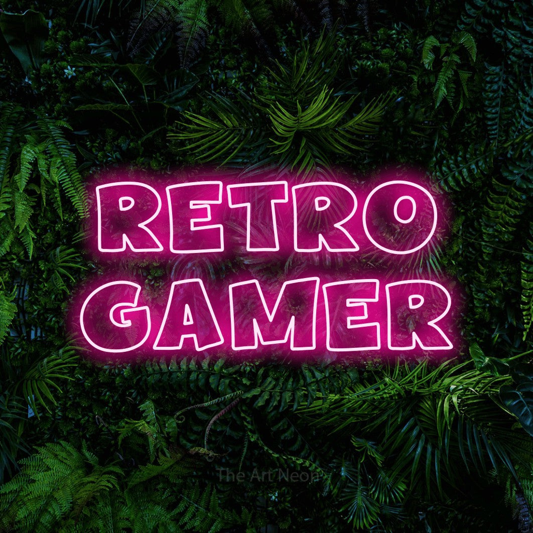 LED neon sign reading “retro gamer”, arranged in 2 lines.