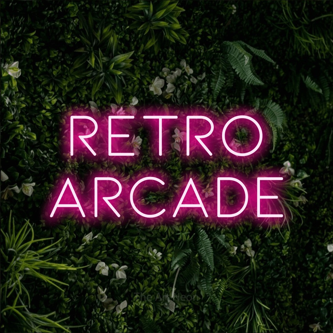 LED neon sign reading “retro arcade”, arranged in 2 lines.