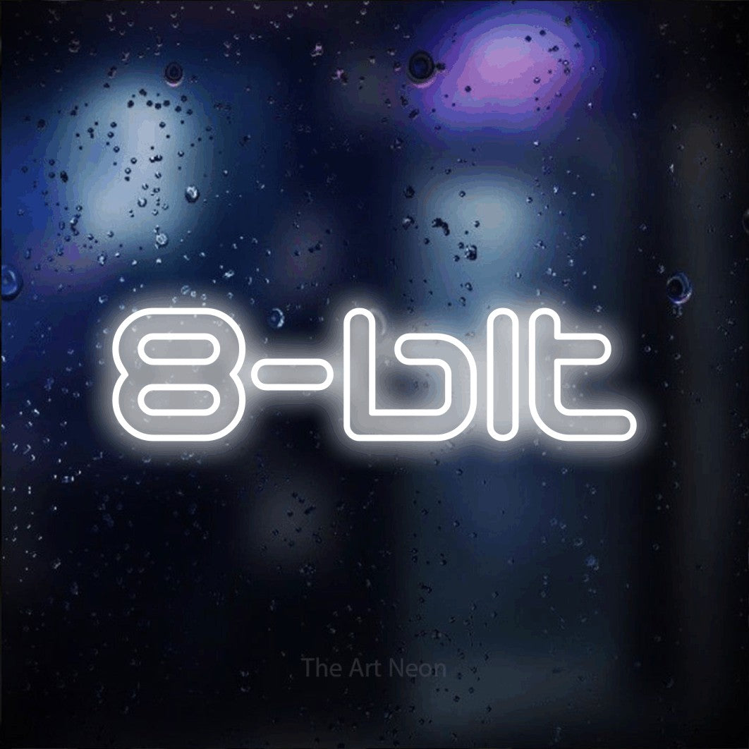 LED neon sign reading “8-bit”, arranged in a single line.