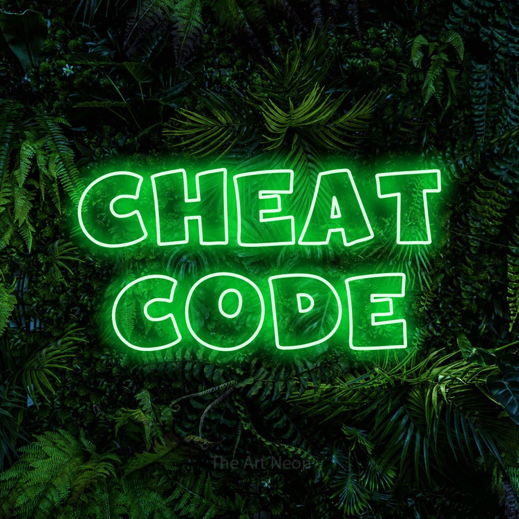 LED neon sign reading “Cheat Code”, arranged in 2 lines.