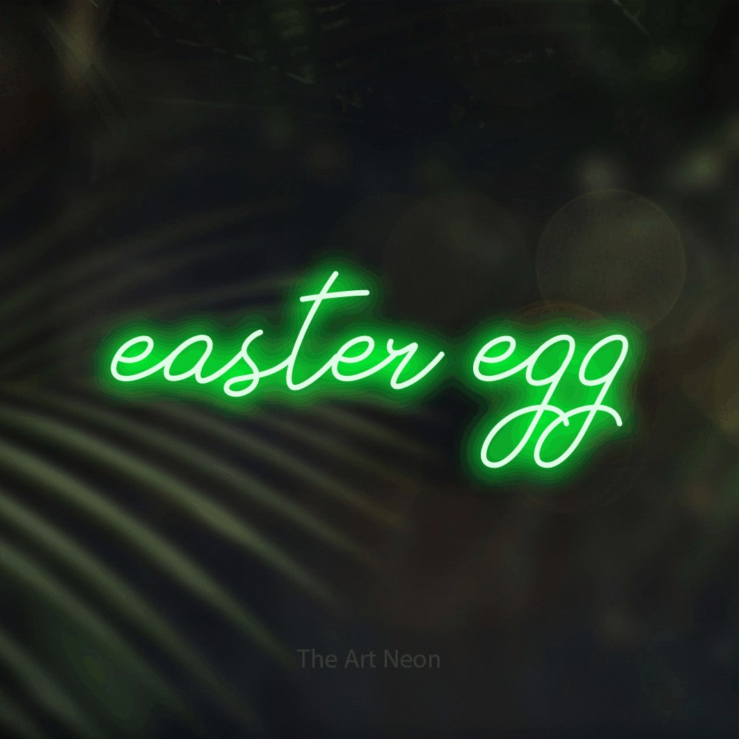 LED neon sign reading “easter egg”, arranged in a single line.