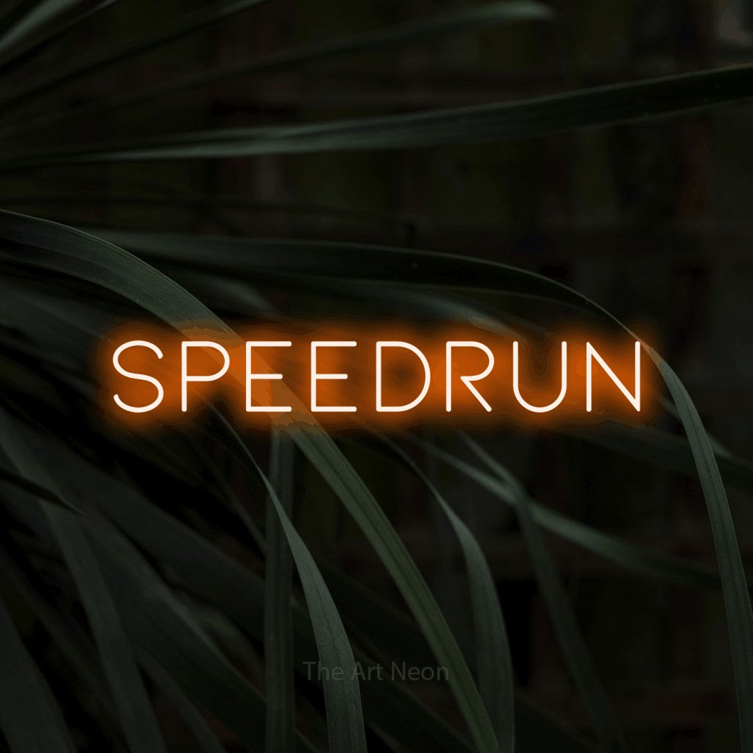 LED neon sign reading “SPEEDRUN”, arranged in a single line.