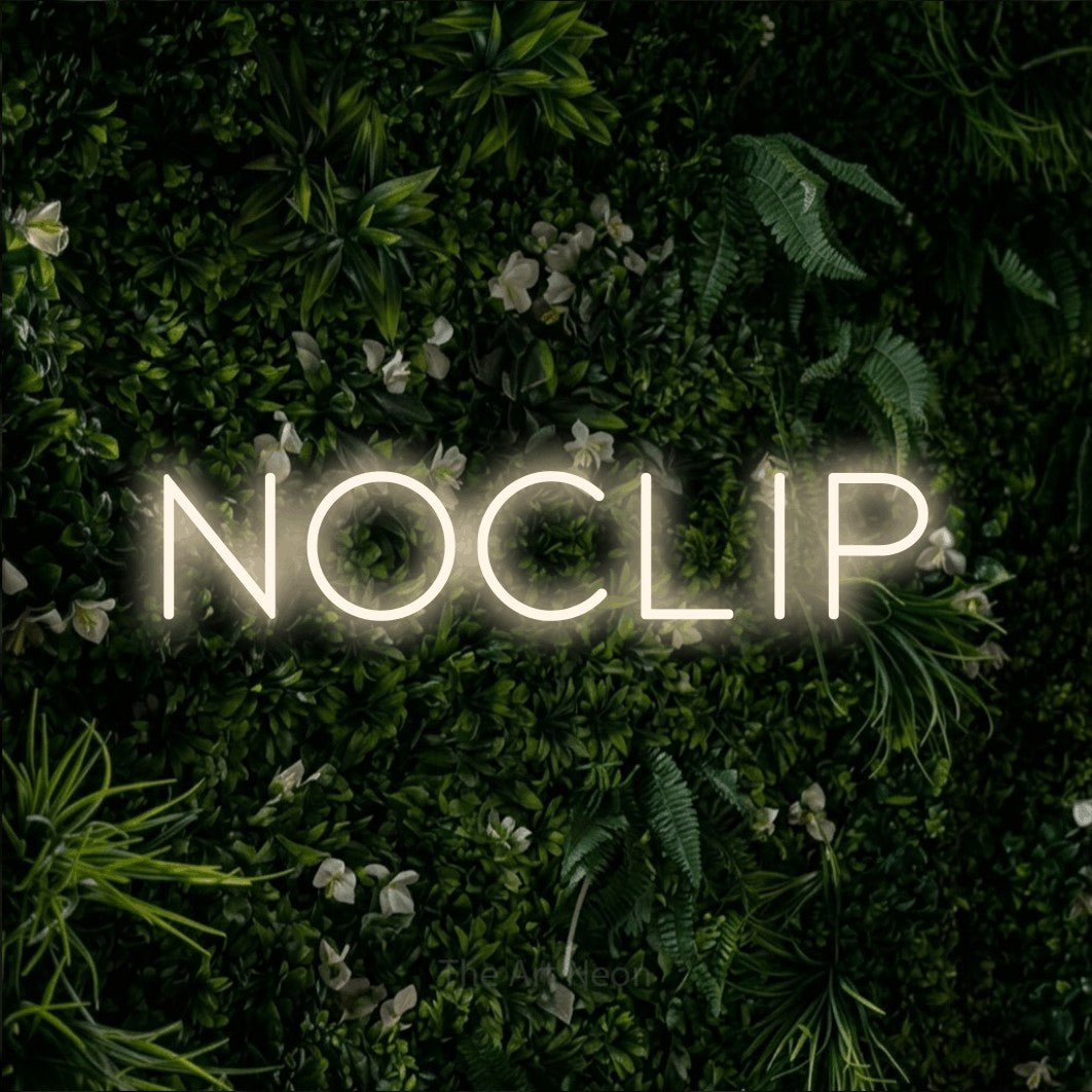 LED neon sign reading “noclip”, arranged in a single line.