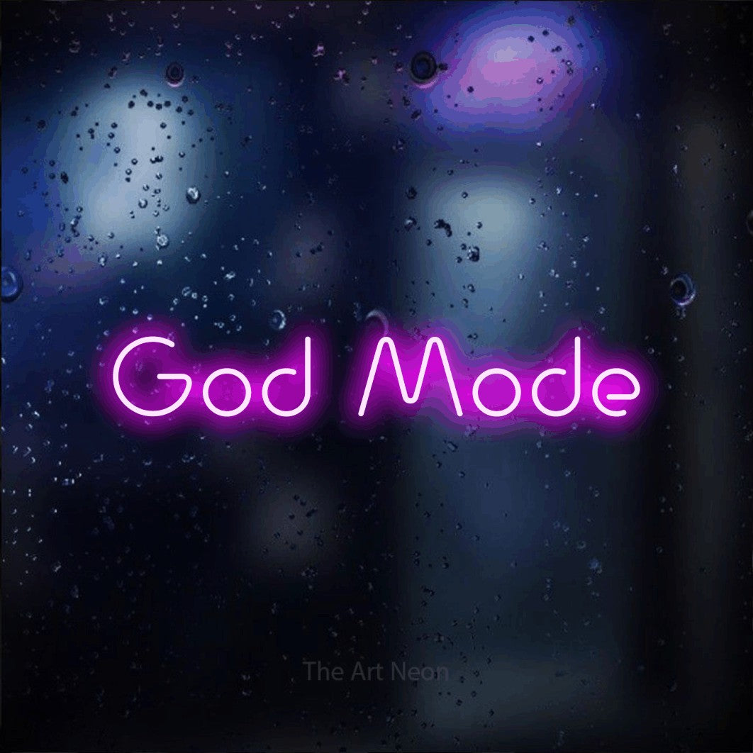 LED neon sign reading “God Mode”, arranged in a single line.