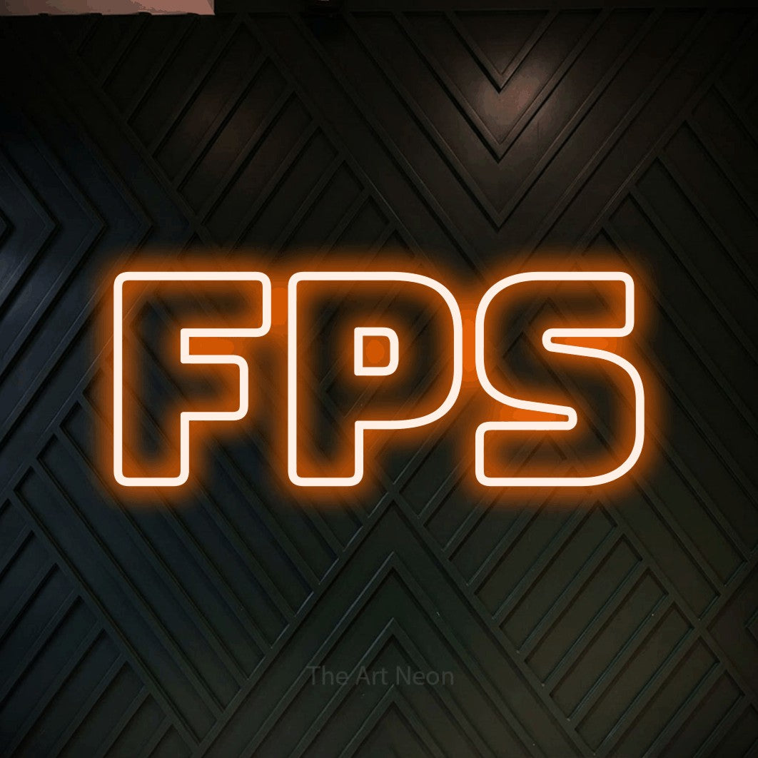 LED neon sign reading “FPS”, arranged in a single line.