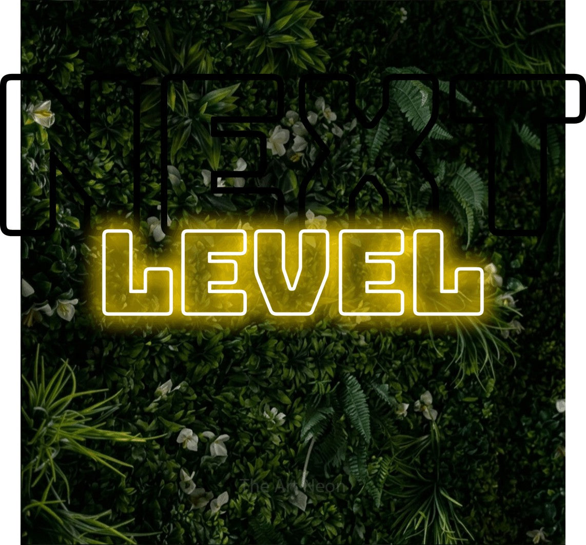 LED neon sign reading “NEXT LEVEL”, arranged in 2 lines.
