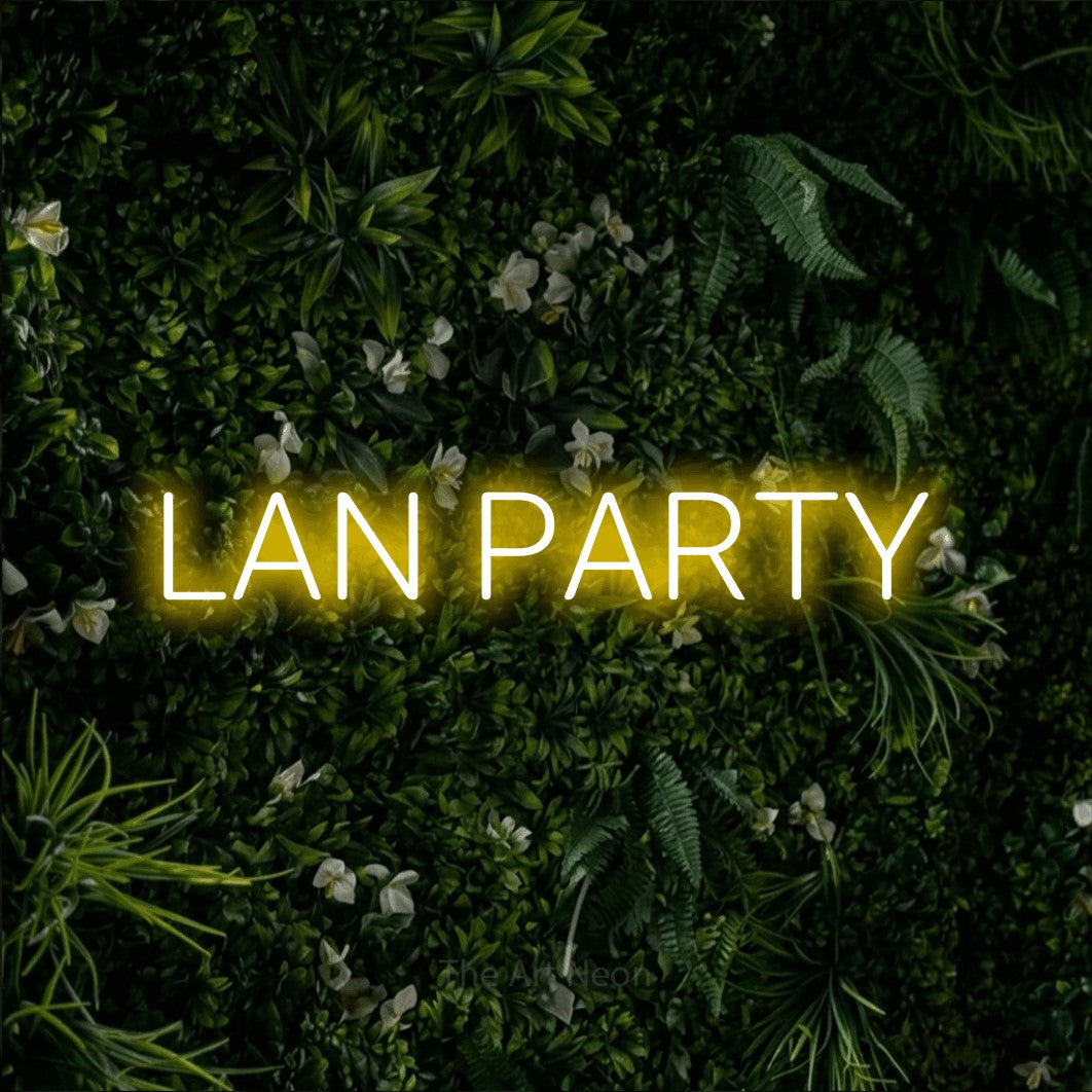 LED neon sign reading “LAN PARTY”, arranged in a single line.