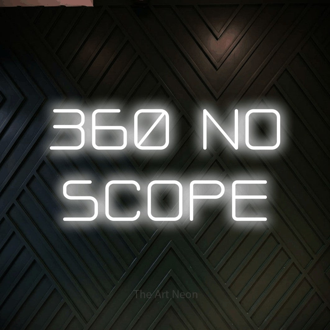 LED neon sign reading “360 NO SCOPE”, arranged in 2 lines.