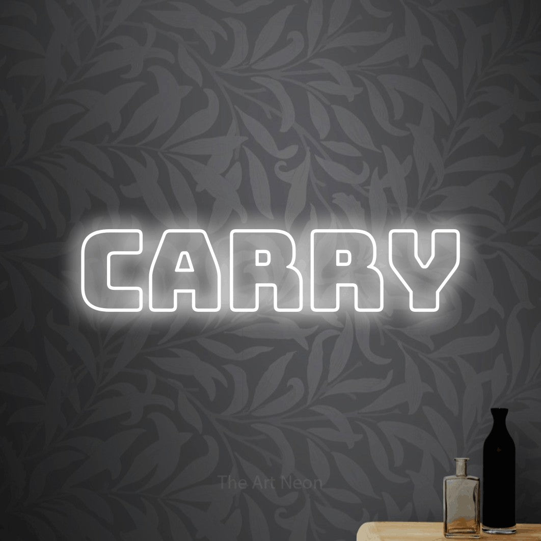 LED neon sign reading “carry”, arranged in a single line.