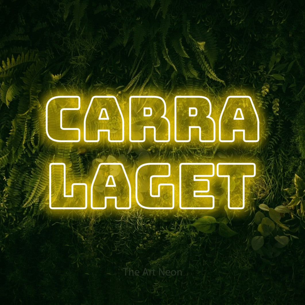 LED neon sign reading “Carra Laget”, arranged in 2 lines.