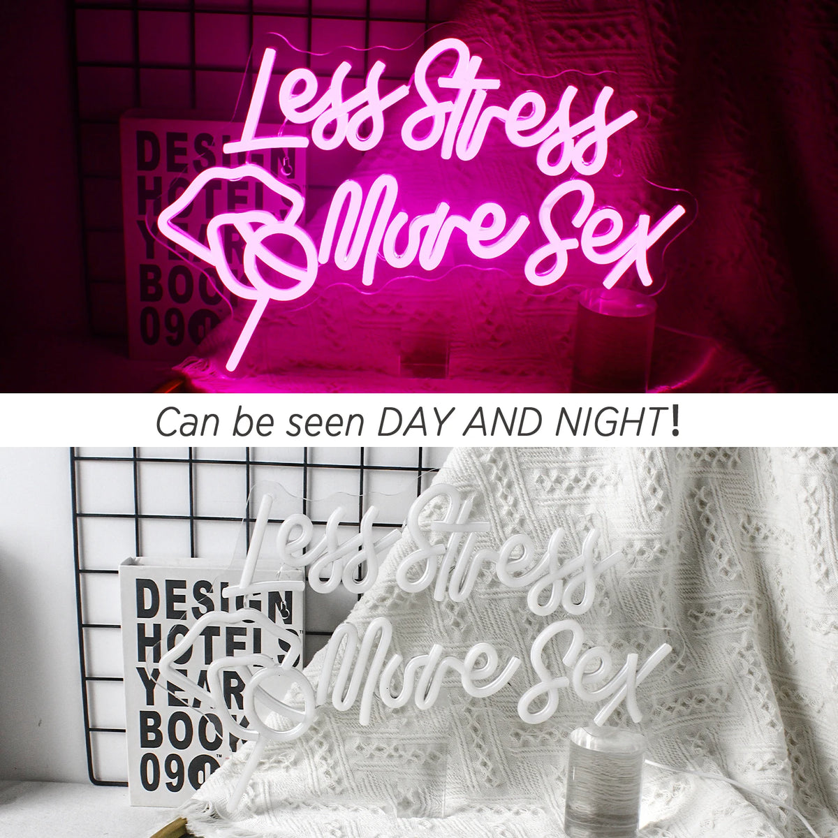 Less Stress More Sex – Läppar och klubba – LED-neonskylt (5 V USB)