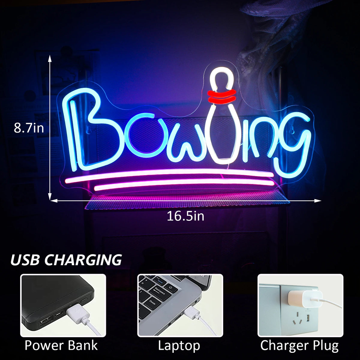 Bowling – Kägla som ersätter en bokstav och understrykningar – LED-neonskylt (5 V USB)