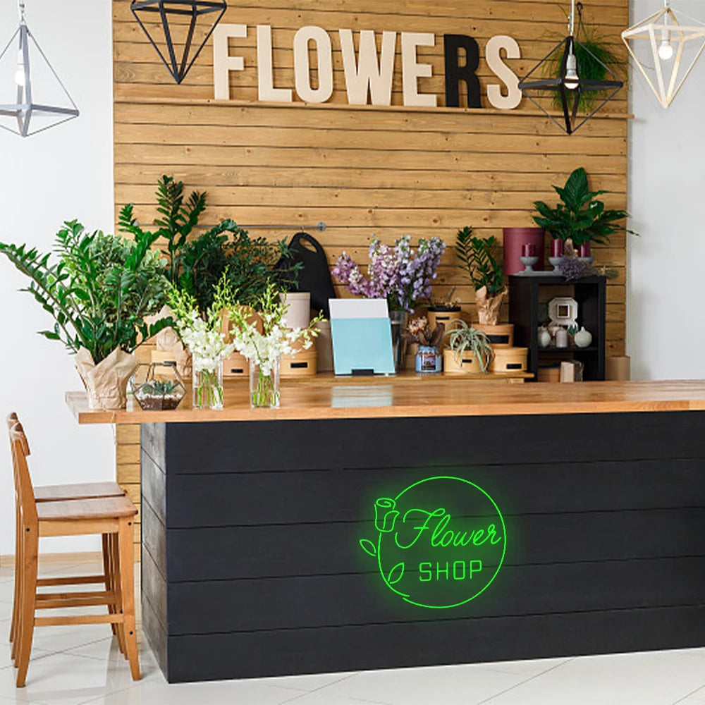 Flower SHOP – Ros och rund ram – LED-neonskylt (5 V USB)