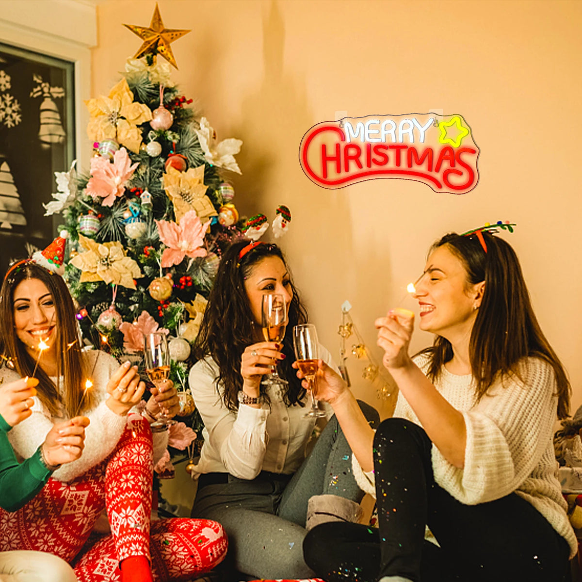Merry Christmas – Stjärna – LED-neonskylt (5 V USB)