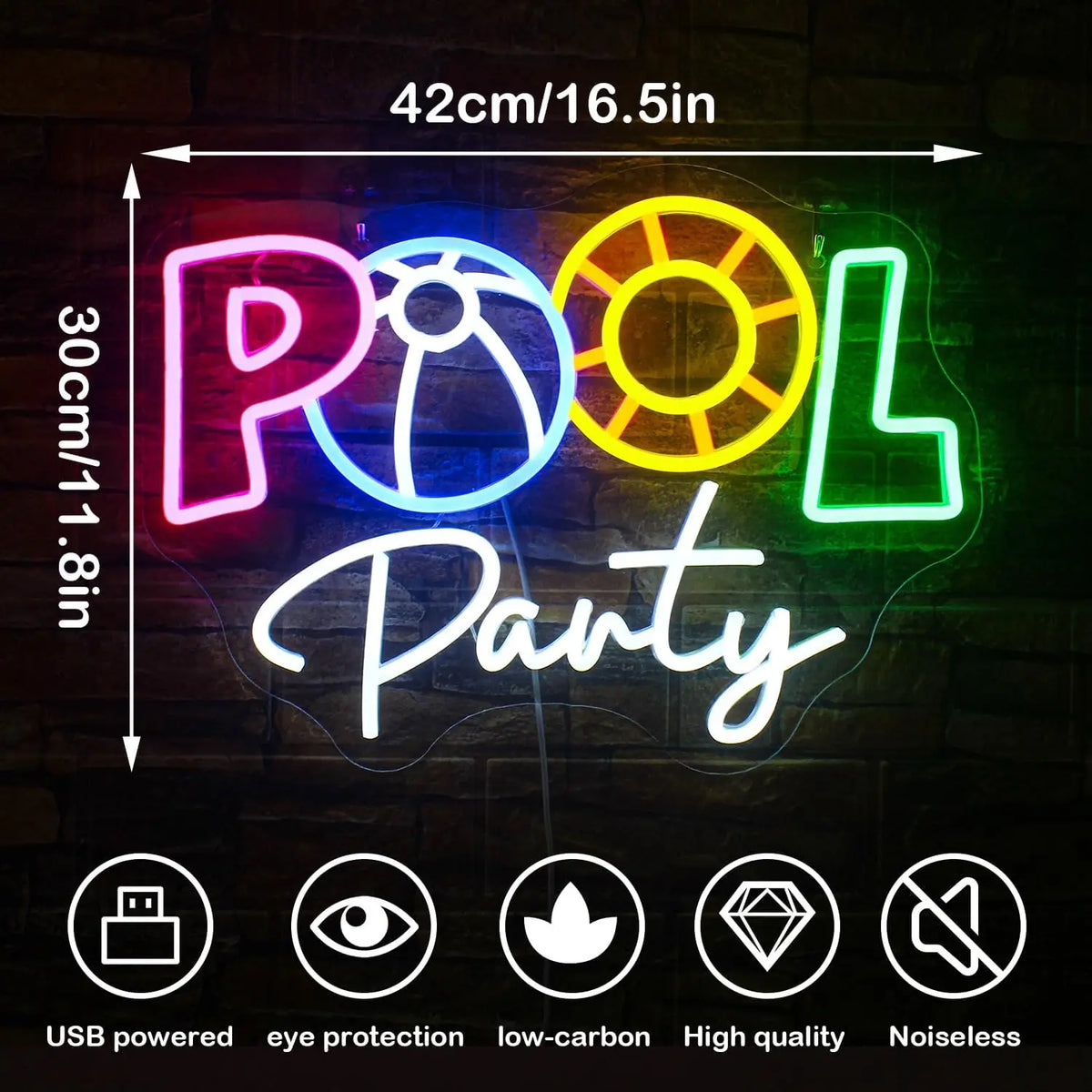 POOL Party – Badboll och badring – LED-neonskylt (5 V USB)