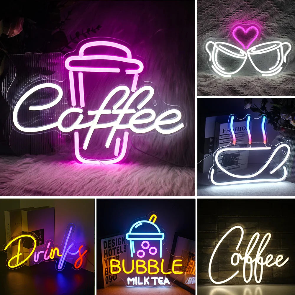 En levande LED neonskylt formad som en rykande kaffekopp, glödande med varma nyanser av gult och orange.