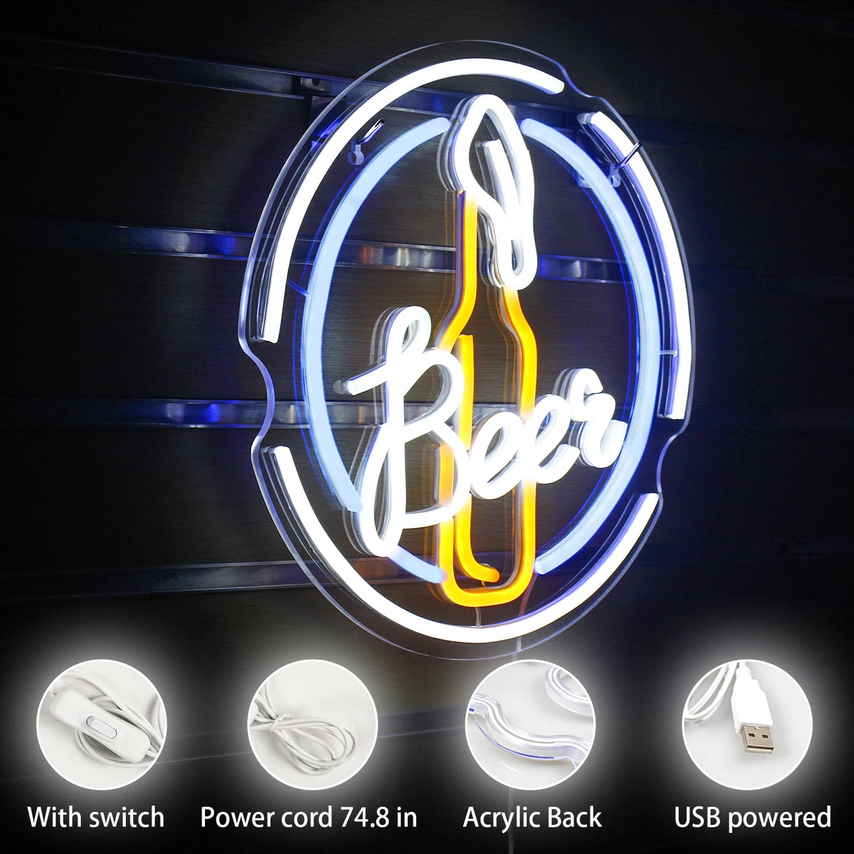 Beer – Ölflaska i rund ram – LED-ljusskylt (5 V USB)