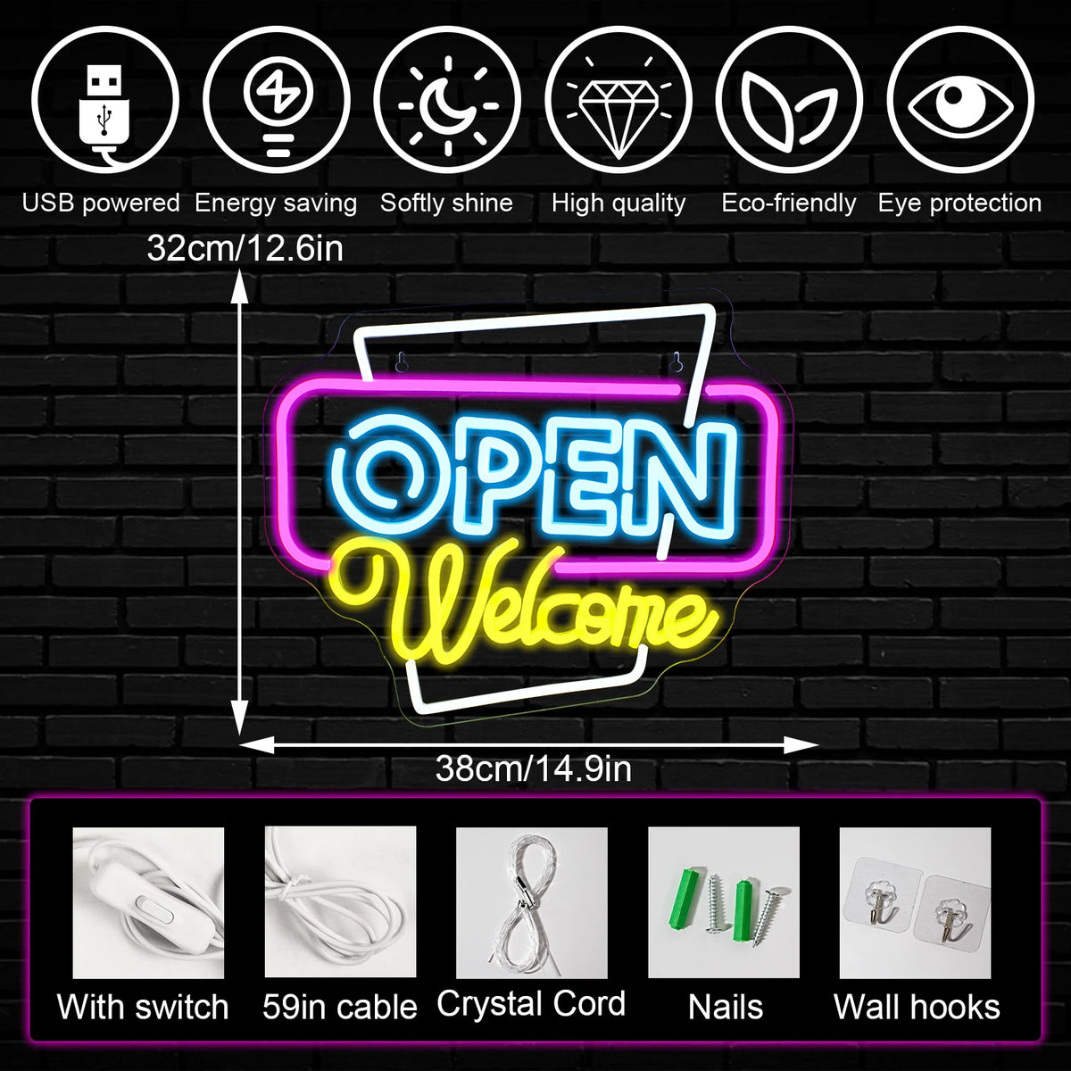 Open Welcome – LED-neonskylt (5 V USB)