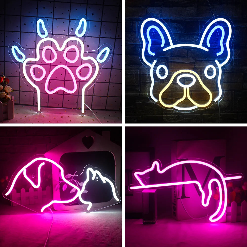 A vibrant LED neon sign shaped like a dog's paw, glowing in a bright hue.