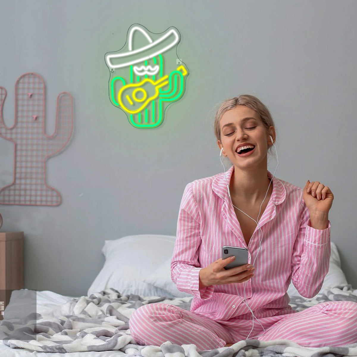 Gitarrspelande cowboykaktus – LED-neonskylt (5 V USB)