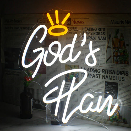 En levande LED-neonskylt som visar frasen "Guds plan" i elegant kursiv skrift.