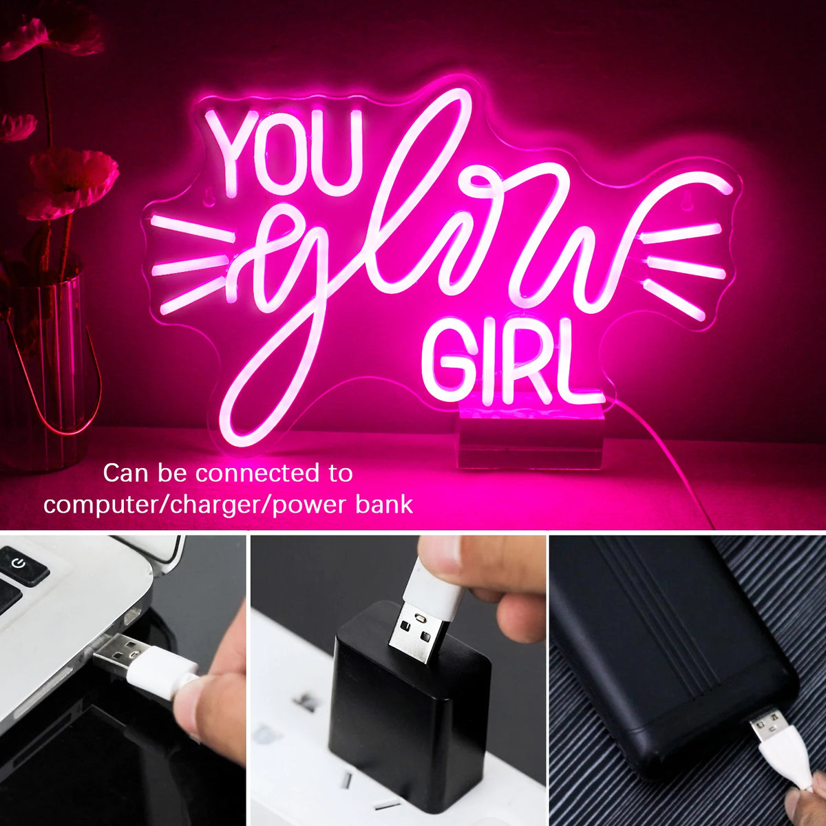 YOU glow GIRL – Ljusstrålar – LED-neonskylt (5 V USB)