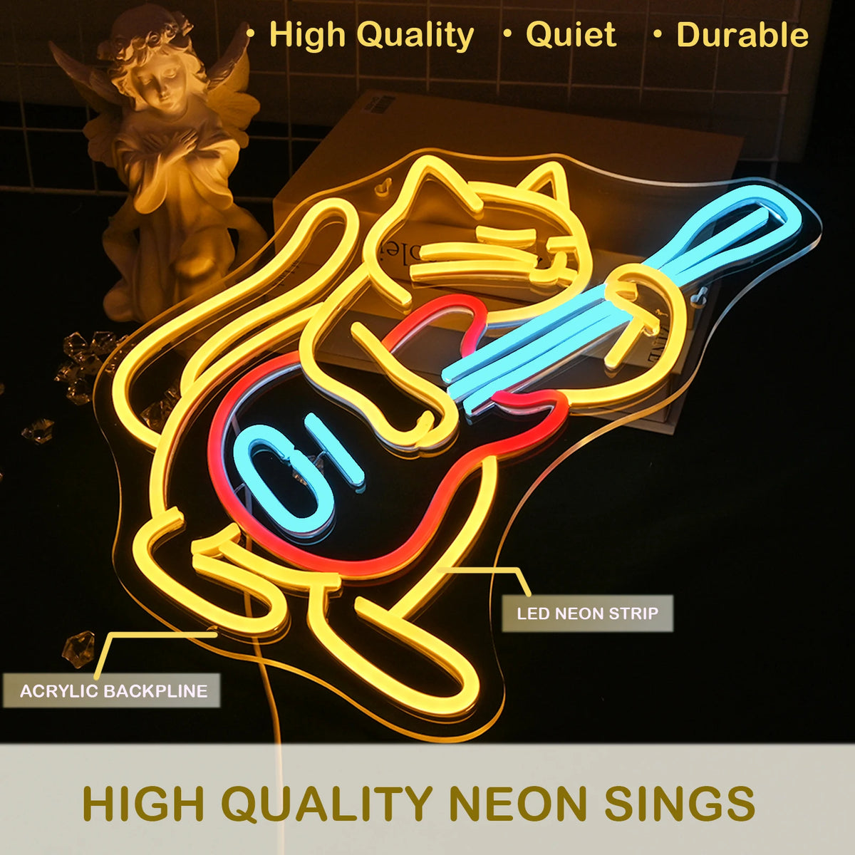 Katt som spelar gitarr – LED-neonskylt (5 V USB)