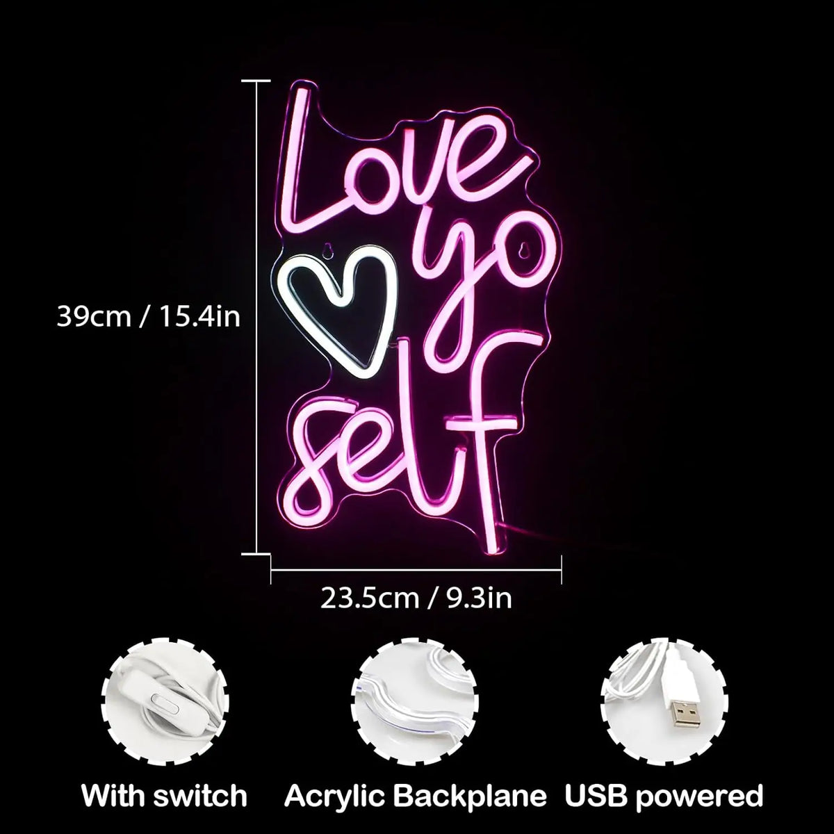 Love yo self – Hjärta – LED-neonskylt (5 V USB)