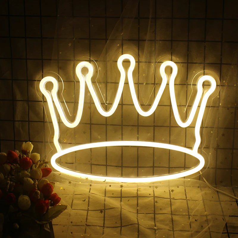 En levande LED-neonskylt formad som en krona, med eleganta, eleganta linjer och en självlysande glöd.