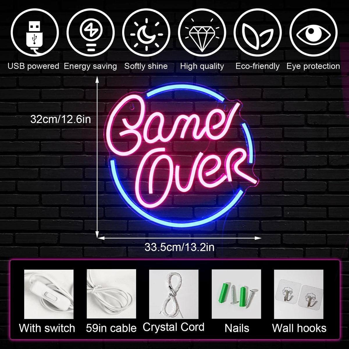 Game Over – Rund kant – LED-neonskylt (5 V USB)