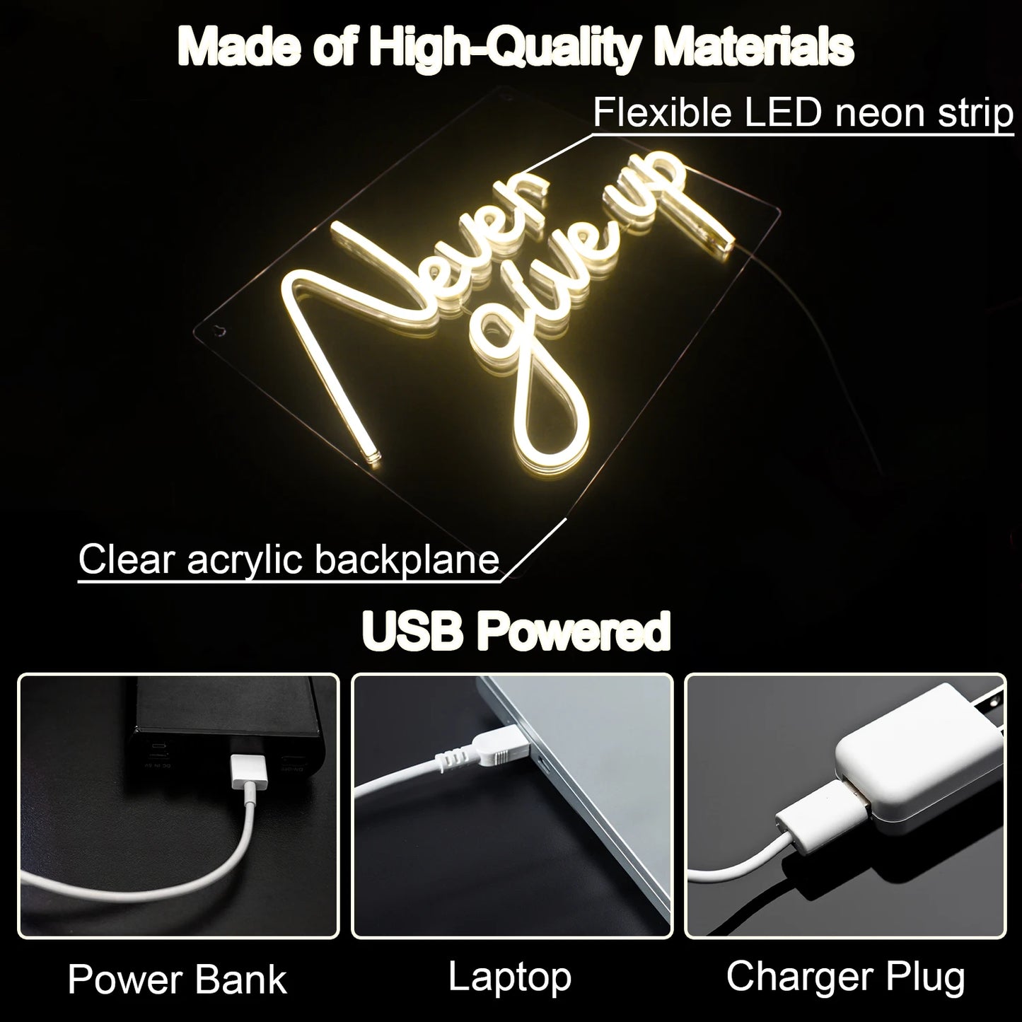 Never Give Up 5V USB LED Ljusskylt - Budgetvänlig