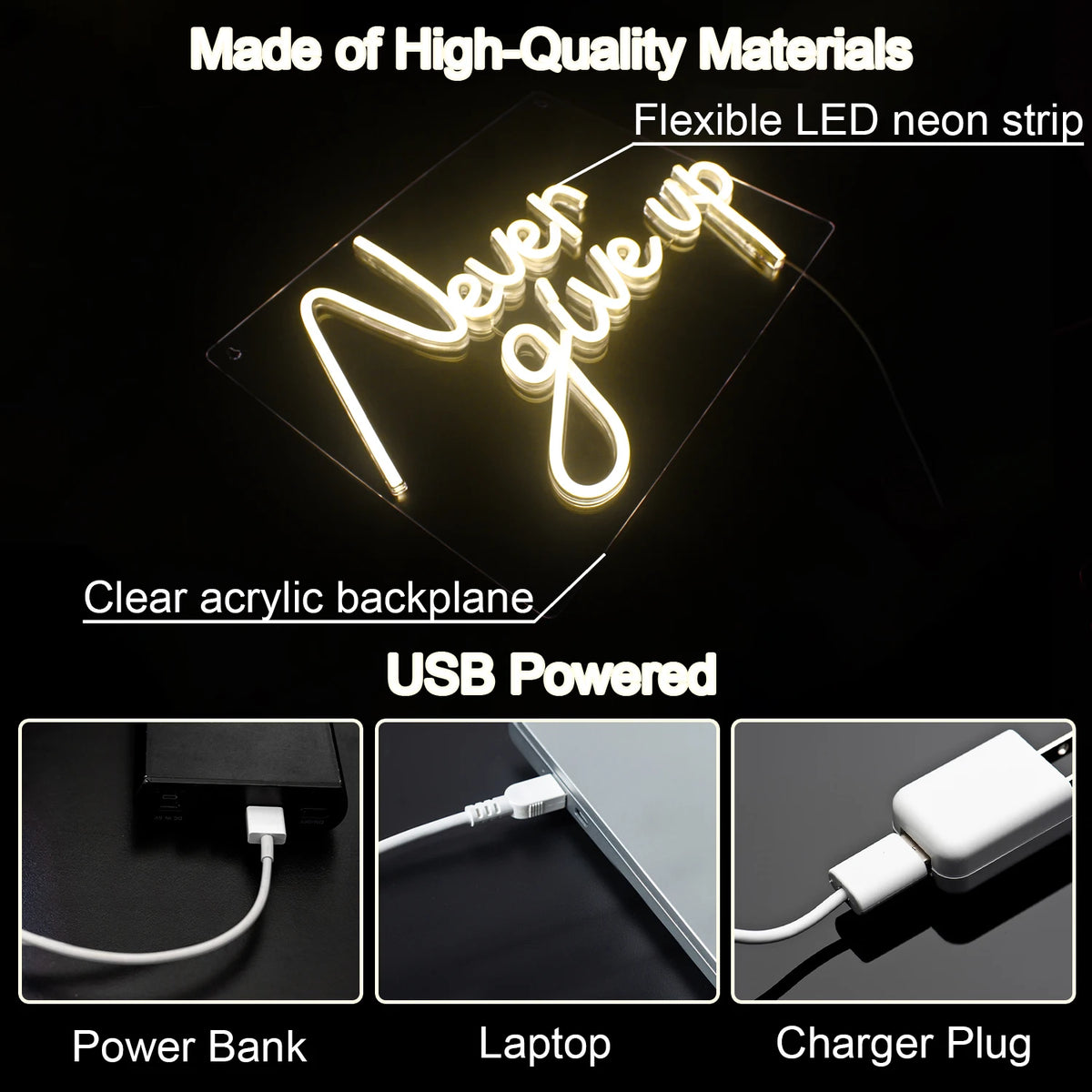 Never Give Up – LED-neonskylt (5 V USB)