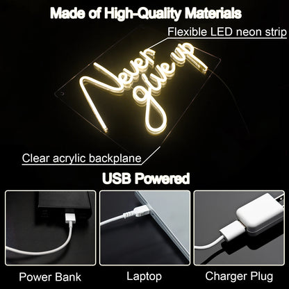 Never Give Up 5V USB LED Ljusskylt - Budgetvänlig