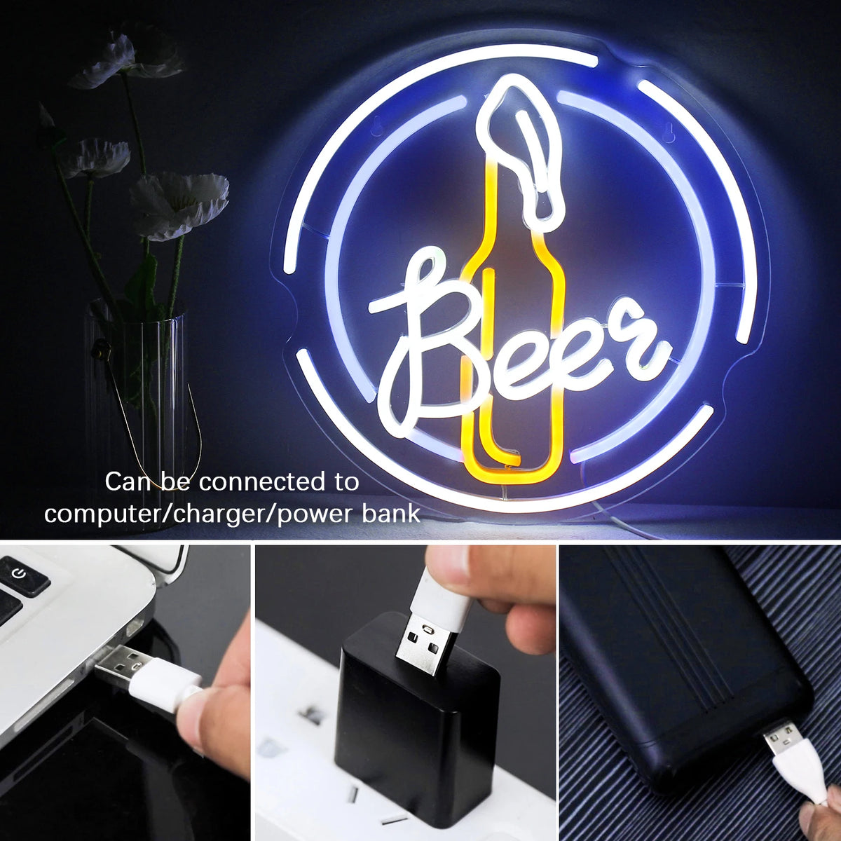 Beer – Ölflaska i rund ram – LED-ljusskylt (5 V USB)